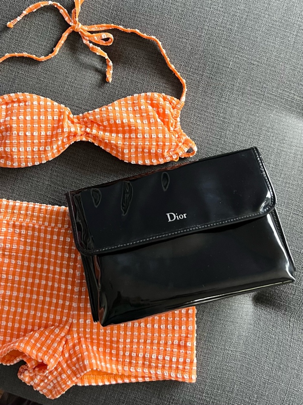 NEW Dior Black Patent beach beauty bag pouch with Silver Dior Logo charm zipper